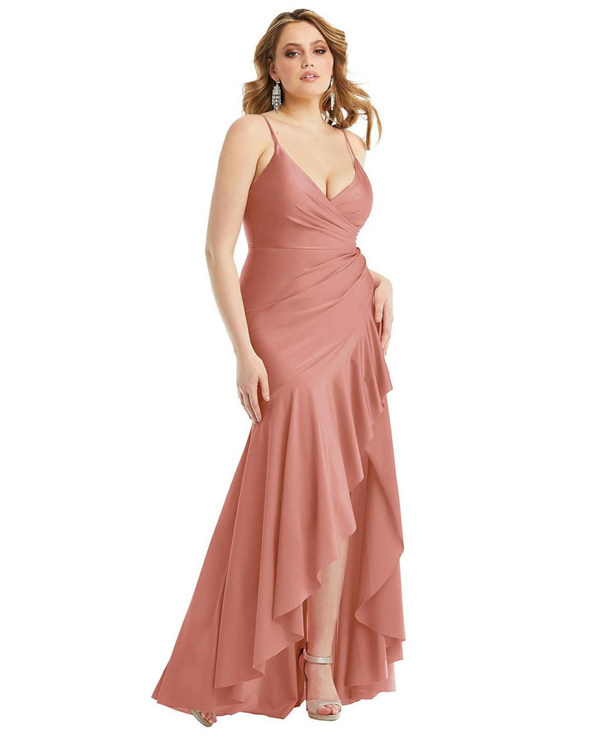 Women's Pleated Wrap Ruffled High Low Stretch Satin Gown with Slight Train - Cabernet