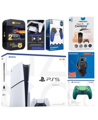 Playstation 5 Slim Disc with Extra Chroma Teal Controller, Plantronics Headset, Trigger Stop Kit, Charge Dock and MightySkins Decal Voucher + 2 Y
