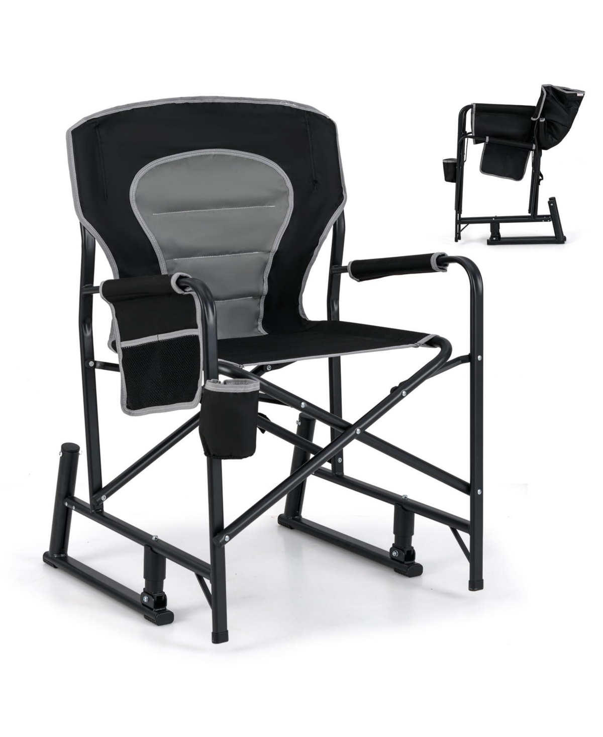 Outdoor Rocker Camping Chair with Dual Springs and Padded Back - Black