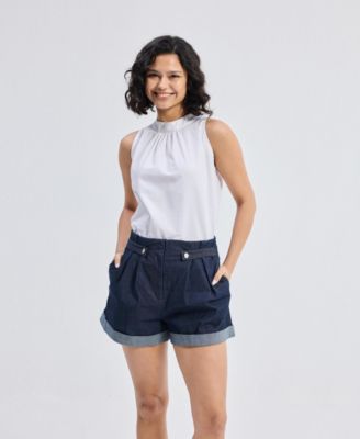 Women's High-Neck Top with Gathers in White