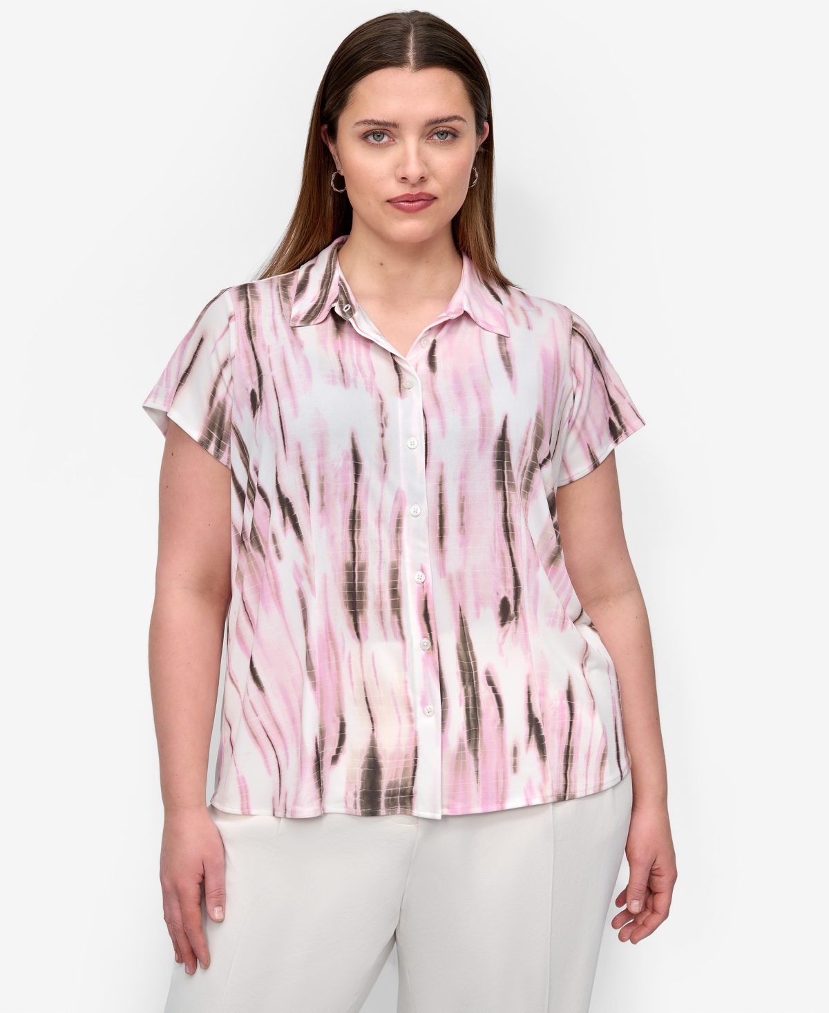 Plus Size Printed Short-Sleeve Button-Front Shirt - Palest Pink Multi