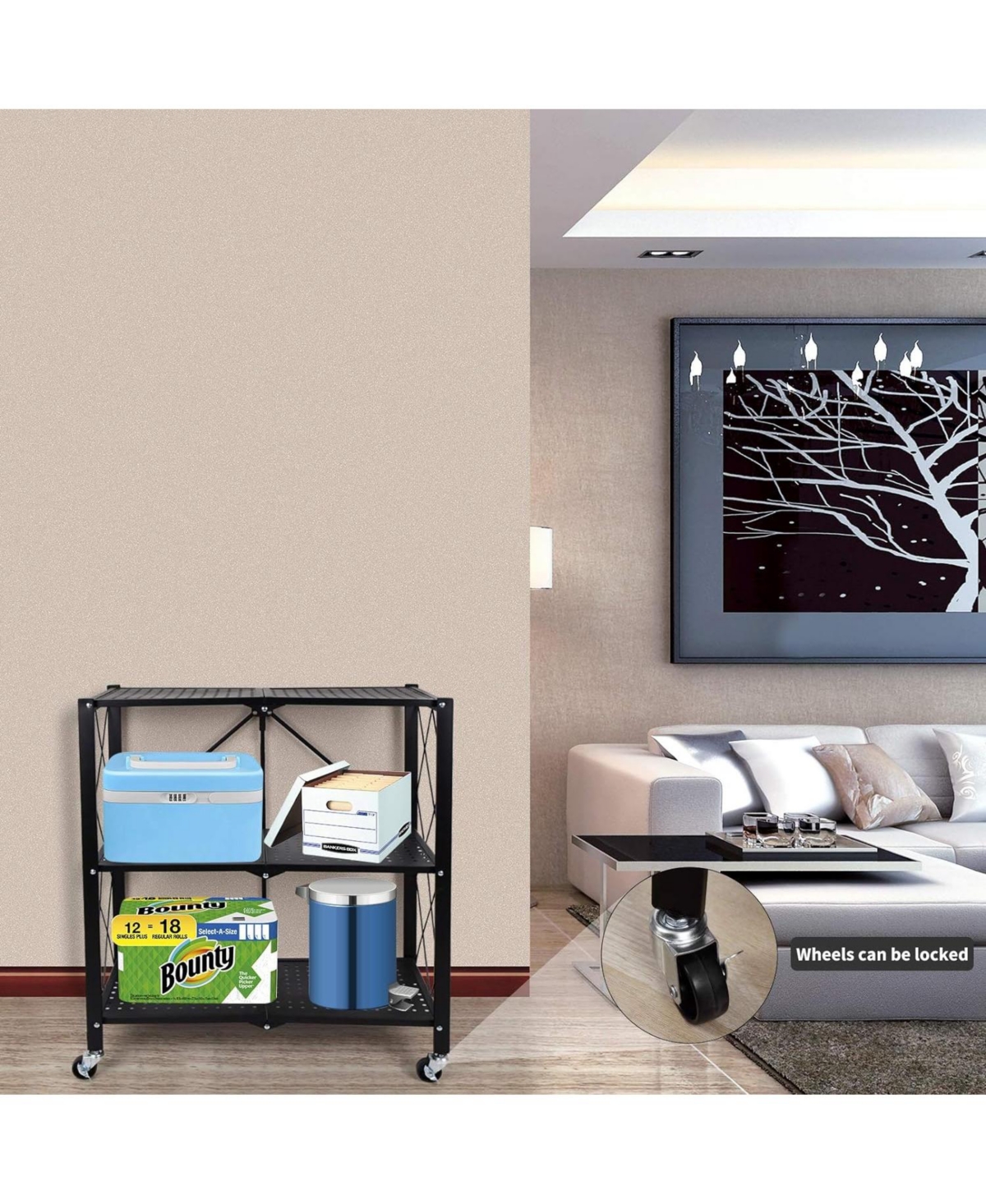 3-Tier Heavy Duty Foldable Metal Rack Storage Shelving Unit with Wheels Moving Easily Organizer Shelves Great for Garage Kitchen