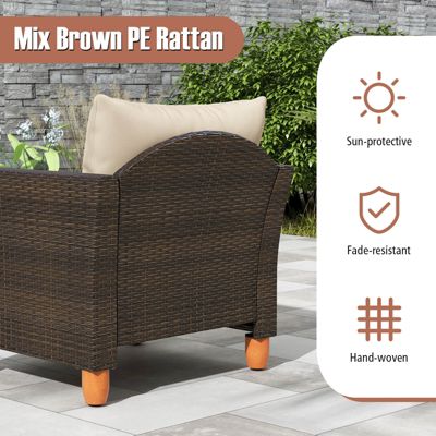 3PCS Patio Rattan Bistro Furniture Set Wood Table Top Cushion Sofa