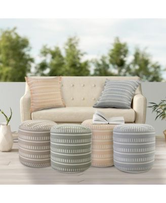 Striped Round Polyester Pouf Ottoman for Patio and Home Decor
