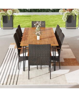 9 PCS Outdoor Patio Dining Set Acacia Wood Square & Table Armchairs Set of 8