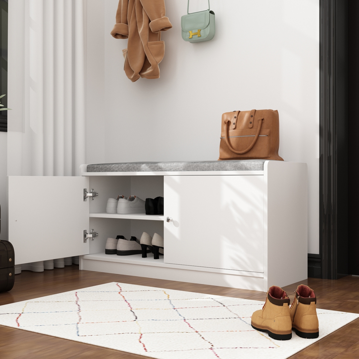 Shoe bench with movable shelves, white wooden shoe rack with two doors and four storage compartments, Entryway Bench - White