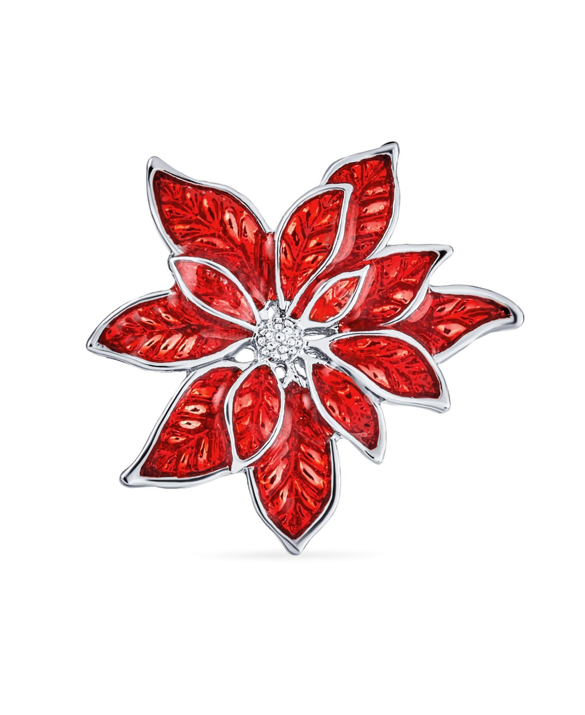 Large Statement Flower Holiday Brooch Pin Red Enamel Poinsettia Christmas Scarf - Silver red