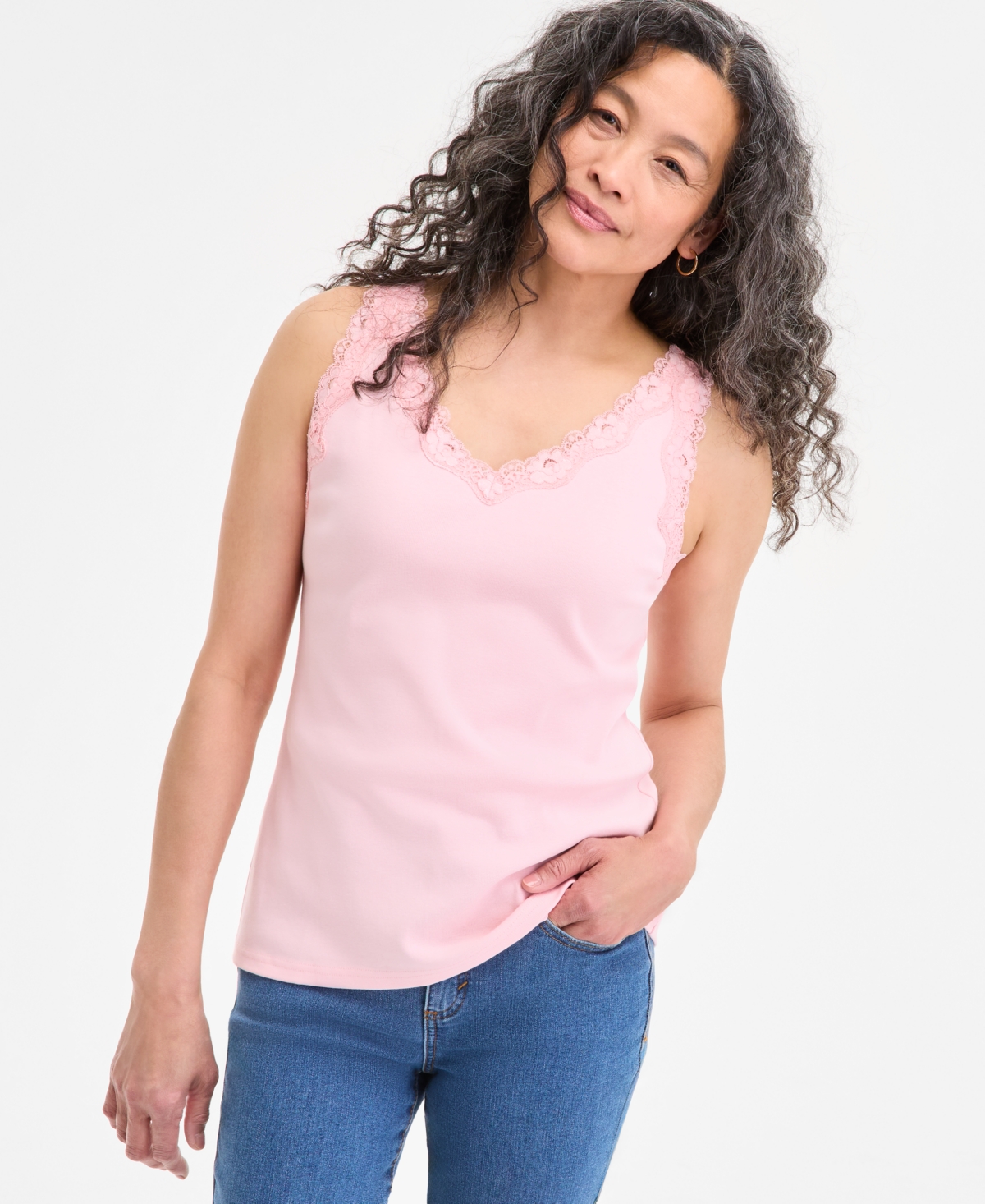 Style & Co Women's Lace-trim Cotton Tank Top, Created For Macy's