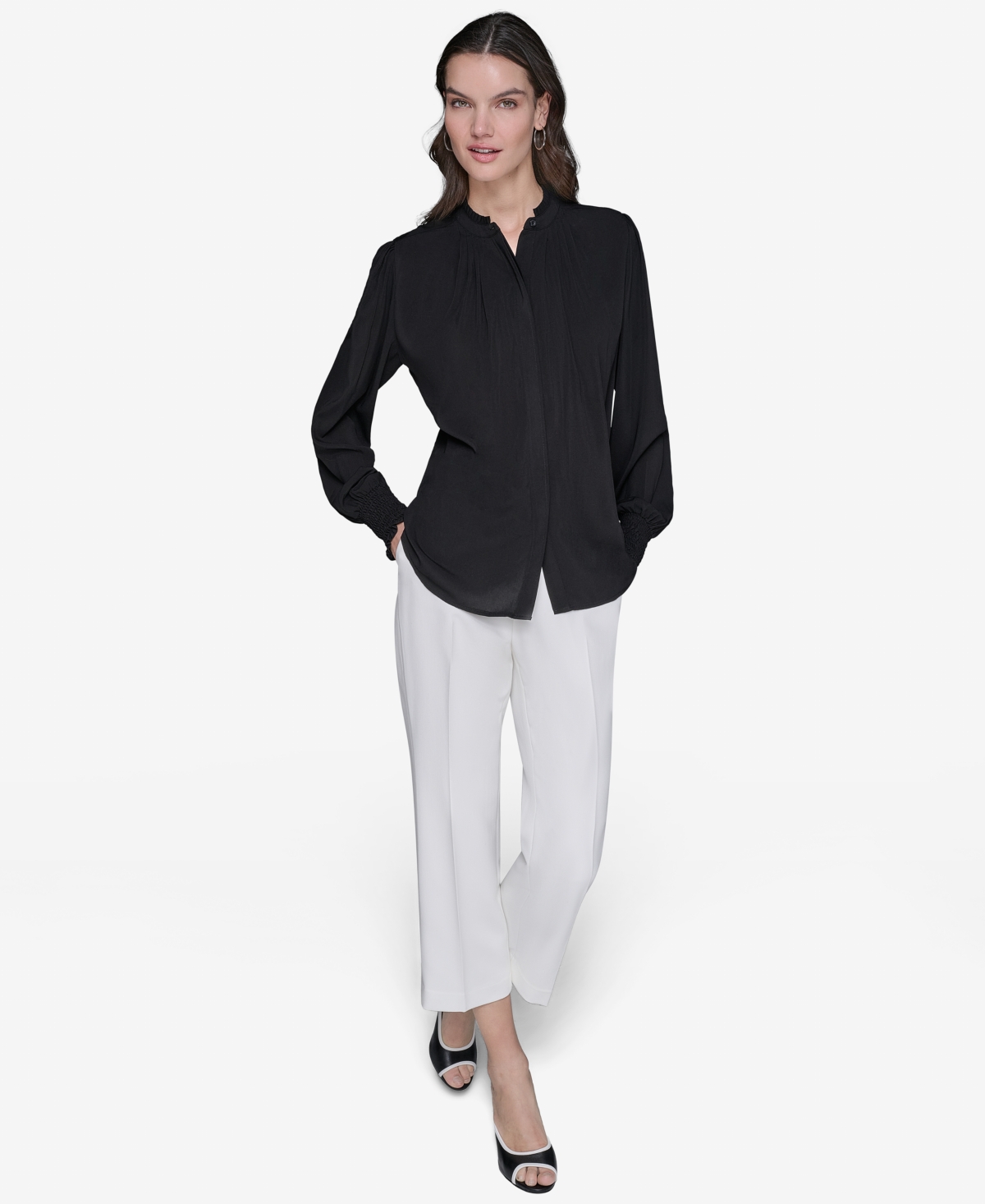 Karl Lagerfeld Women's Blouson-sleeve Button-front Blouse In Black