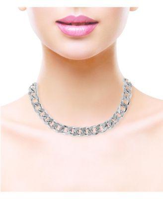Silver Tone Chunky Chain Necklace with Pave Stones
