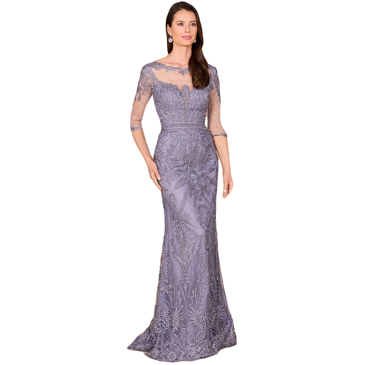 Women's Detachable Half Sleeve Lace Sheath Gown - Grey blue