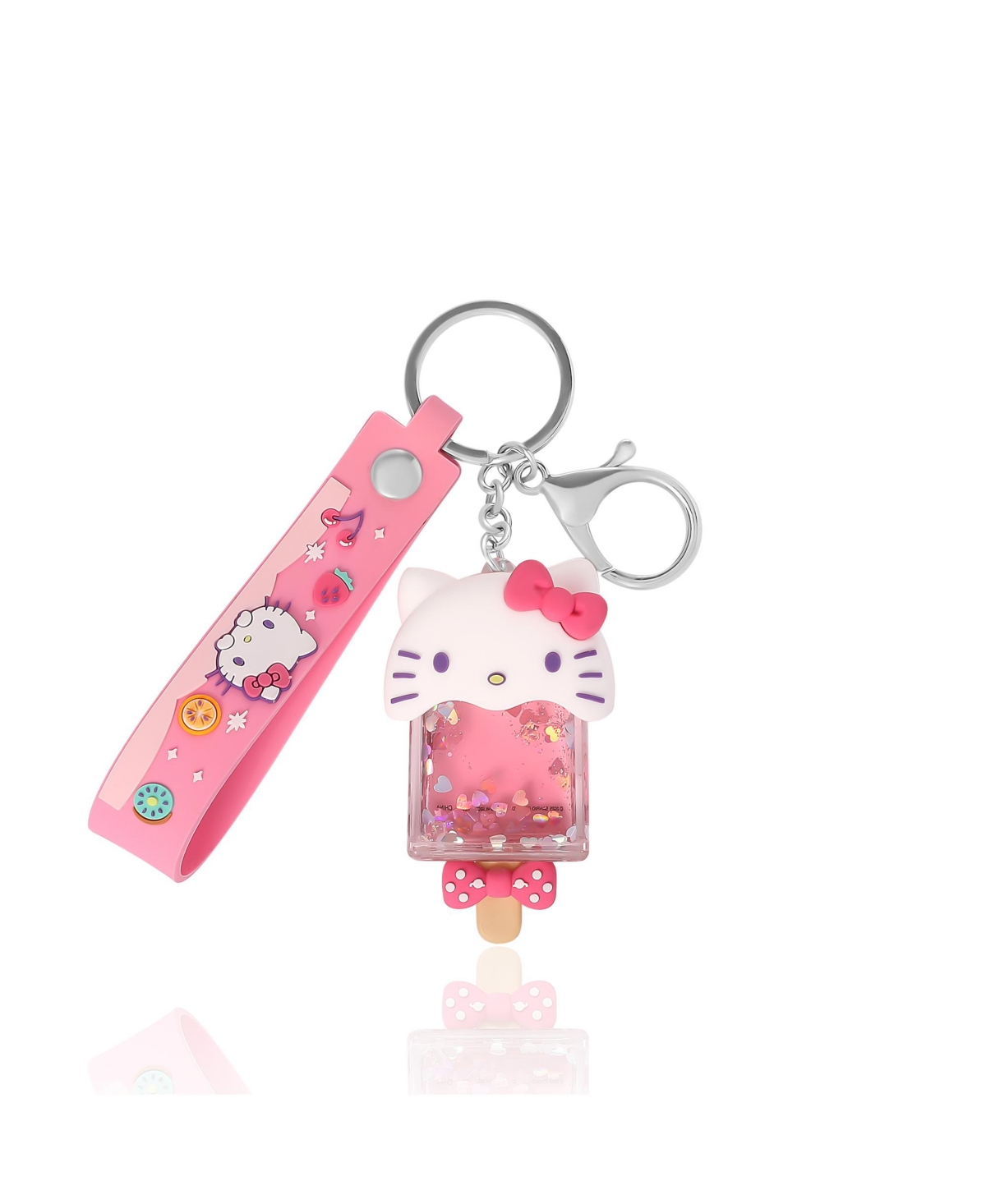 Hello Kitty Ice Cream Keychain with Glitter Charm and Pink Strap - Pink, white, multicolor, silver