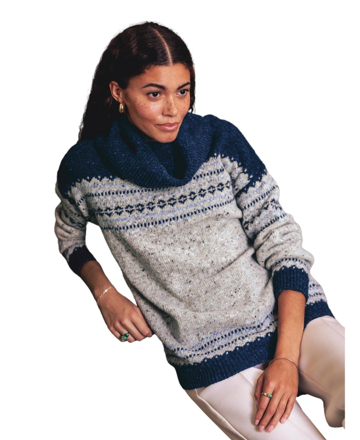 Women's Donegal Fair Isle Roll Neck Sweater - Oatmeal fleck