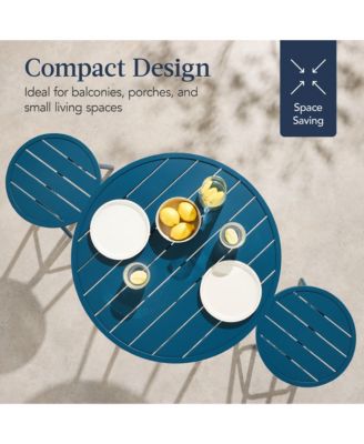 3-Piece Steel Patio Bar Height Round Bistro Set w/ Backless Stools, Slatted Design