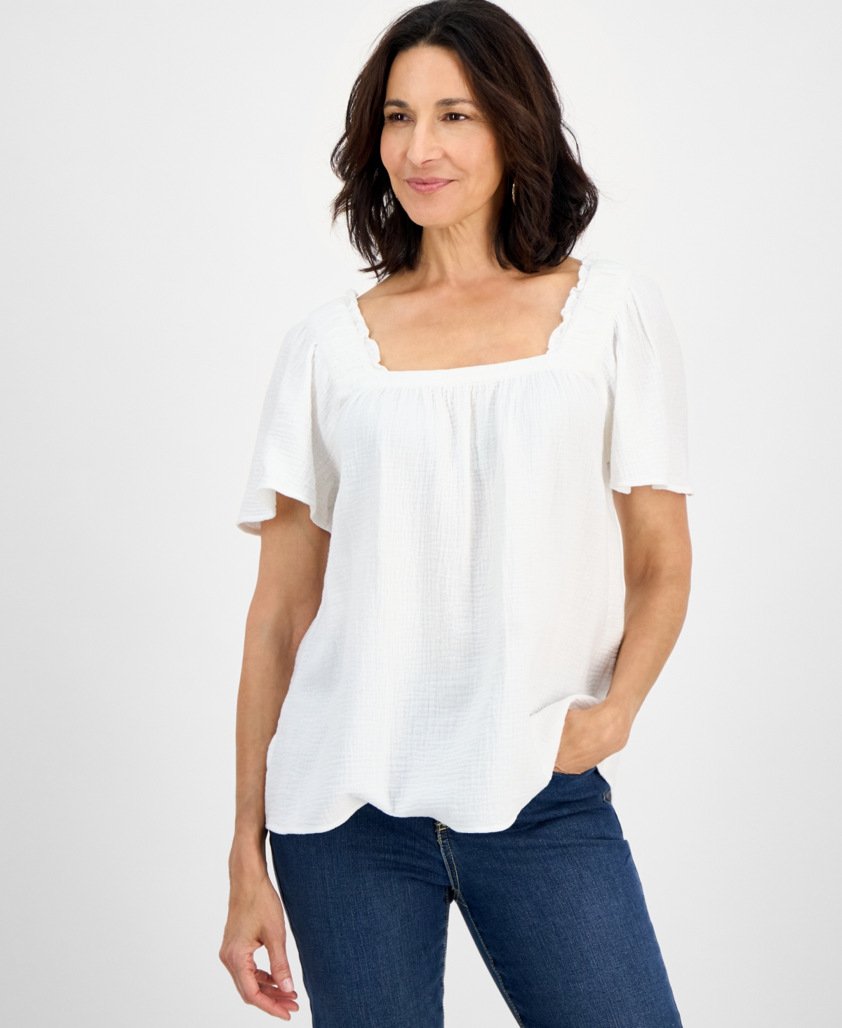 Style & Co Women's Solid Square-neck Flutter-sleeve Top, Exclusively At Macy's In White