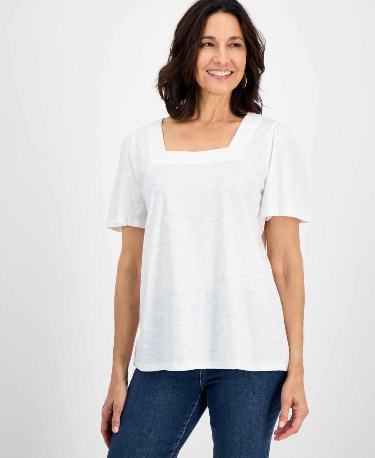 Style & Co Women's Solid Square-neck Flutter-sleeve Top, Exclusively At Macy's In White