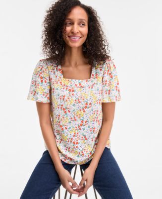 売れ筋商品|||スタイルアンドコー カットソー トップス レディース Petite Madison Ditsy Shine Camp Shirt, Exclusively at Macy's Mad Ditsy White Style & Co Petite Madison Ditsy Square-Neck Top, Exclusively