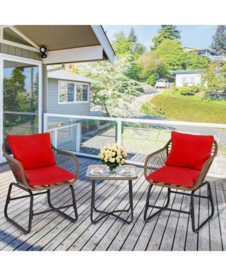 3PCS Patio Rattan Bistro Set Cushioned Chair Glass Table Deck