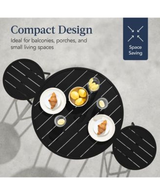 3-Piece Steel Patio Bar Height Round Bistro Set w/ Backless Stools, Slatted Design