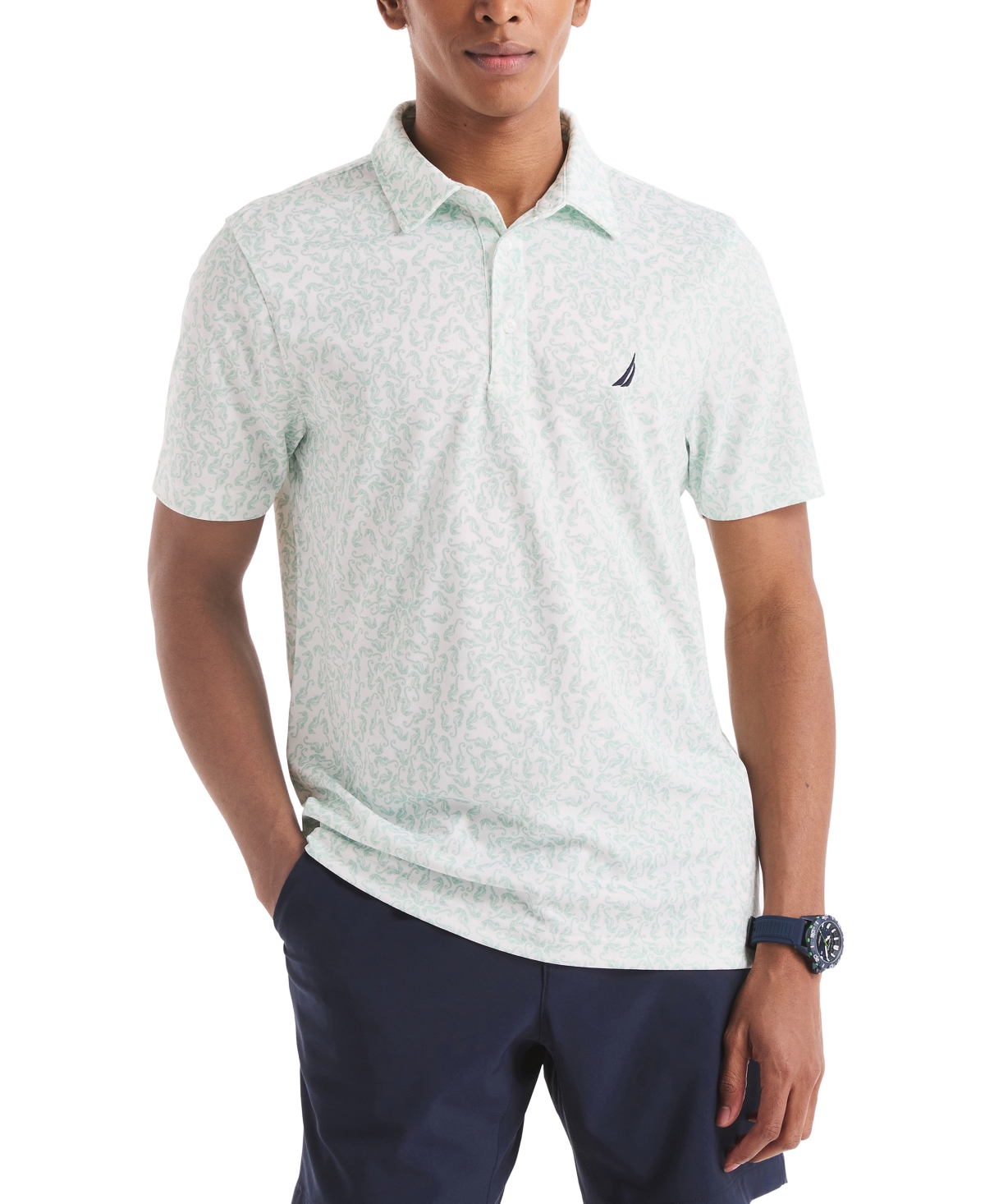 Nautica Men's Classic-fit Seahorse-print Birdseye Interlock Performance Golf Polo Shirt