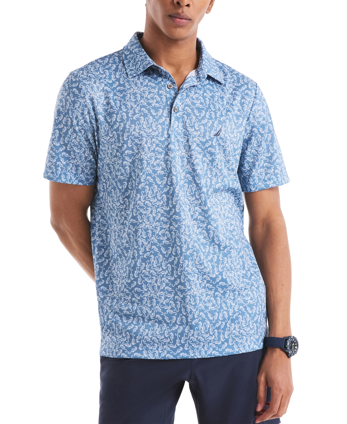 Nautica Men's Classic-fit Seahorse-print Birdseye Interlock Performance Golf Polo Shirt