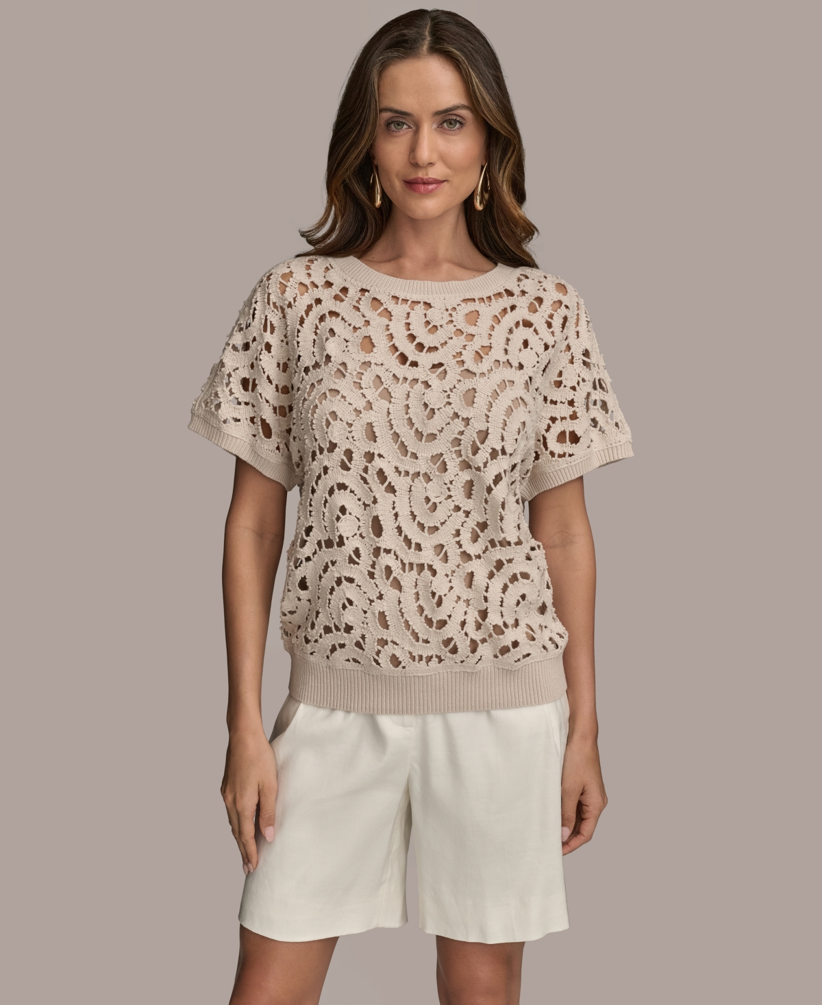 Women's Short-Sleeve Crochet Top - Sand