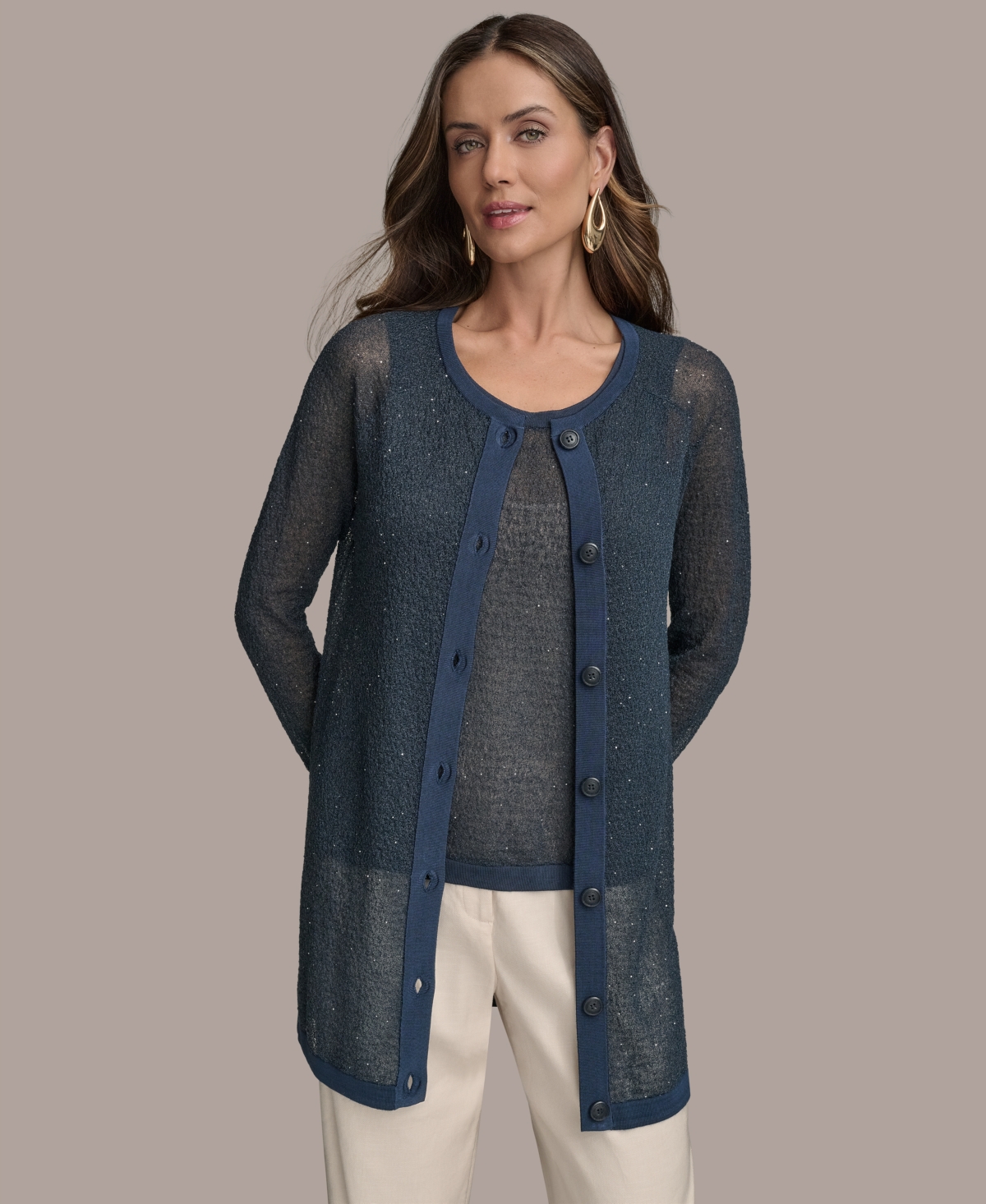 Shop Donna Karan Women's Sequin Embellished Long Cardigan