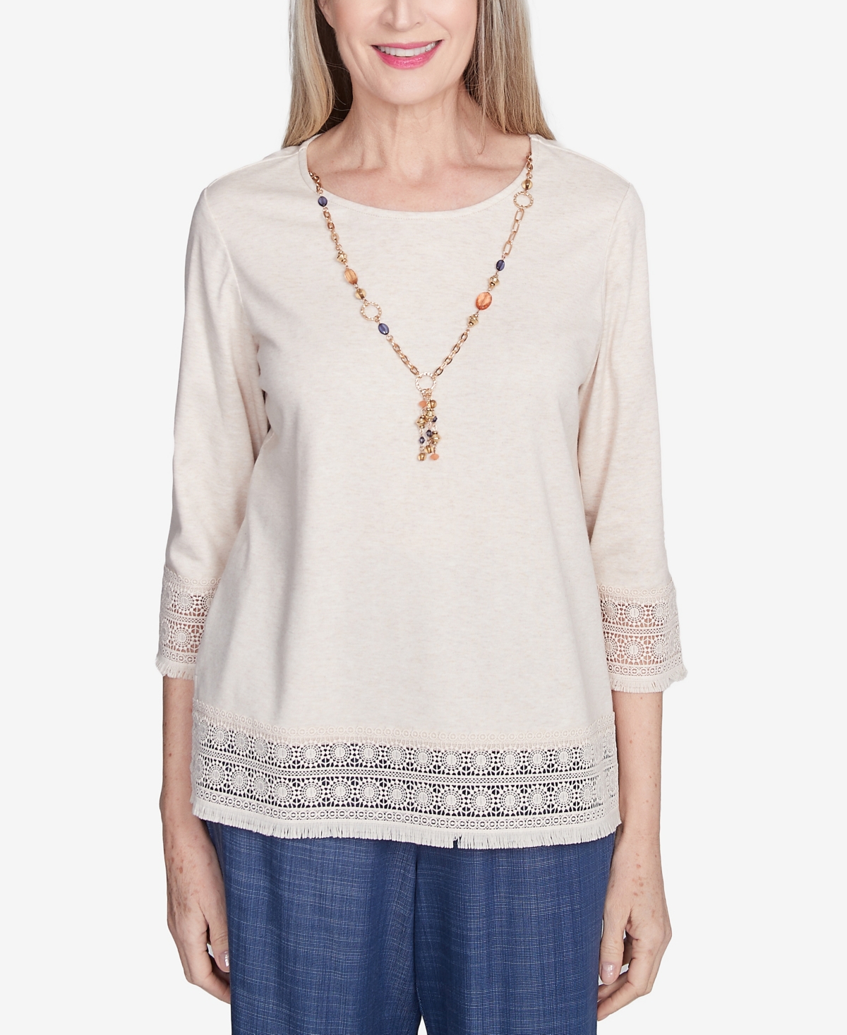 Alfred Dunner Plus Size Summer Solstice Lace Trimmed Knit Top With Necklace In Oatmeal