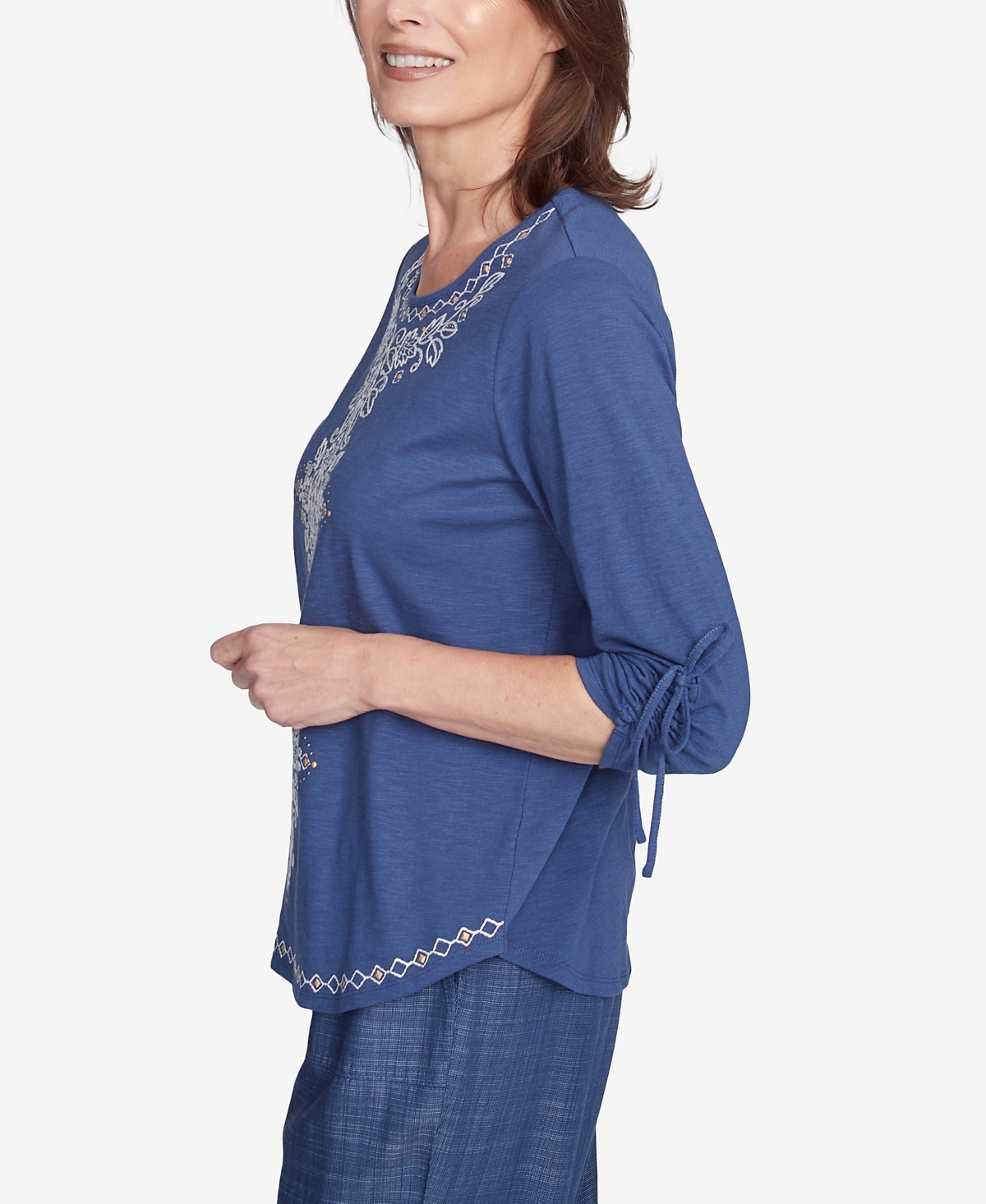 Alfred Dunner Plus Size Summer Solstice Embroidery Centered Tie Sleeve Top In Blueberry