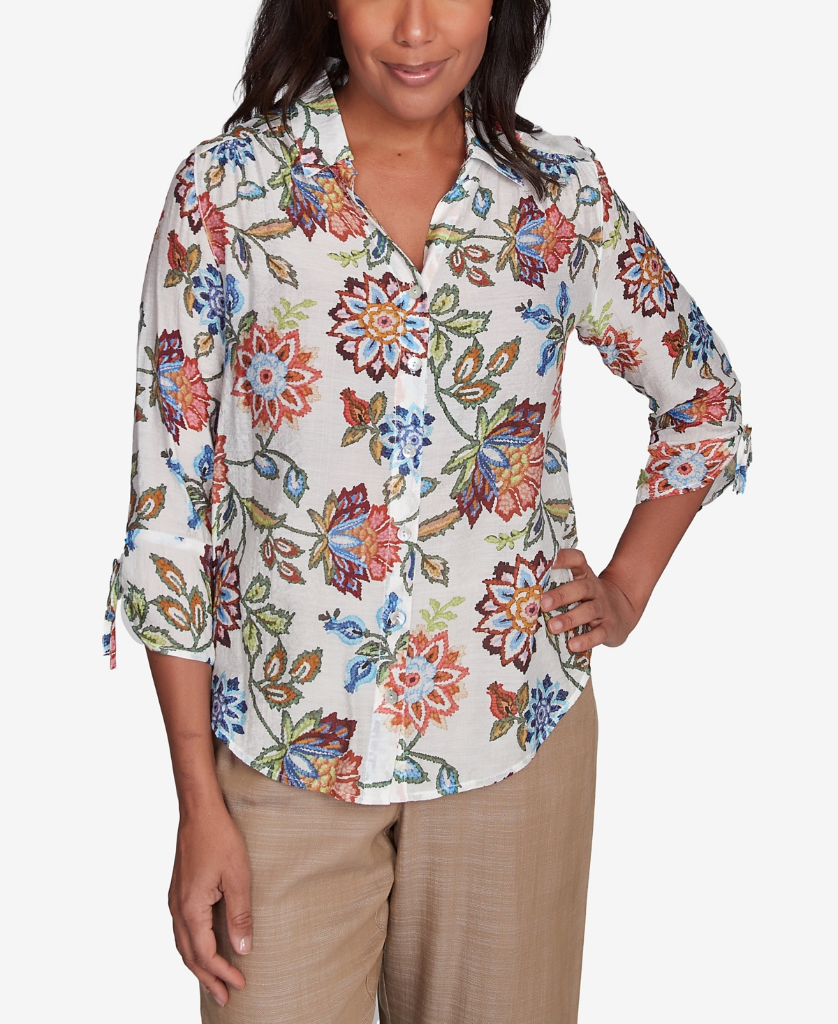 Alfred Dunner Plus Size Summer Solstice Batik Floral Button Front Top In Neutral Multi