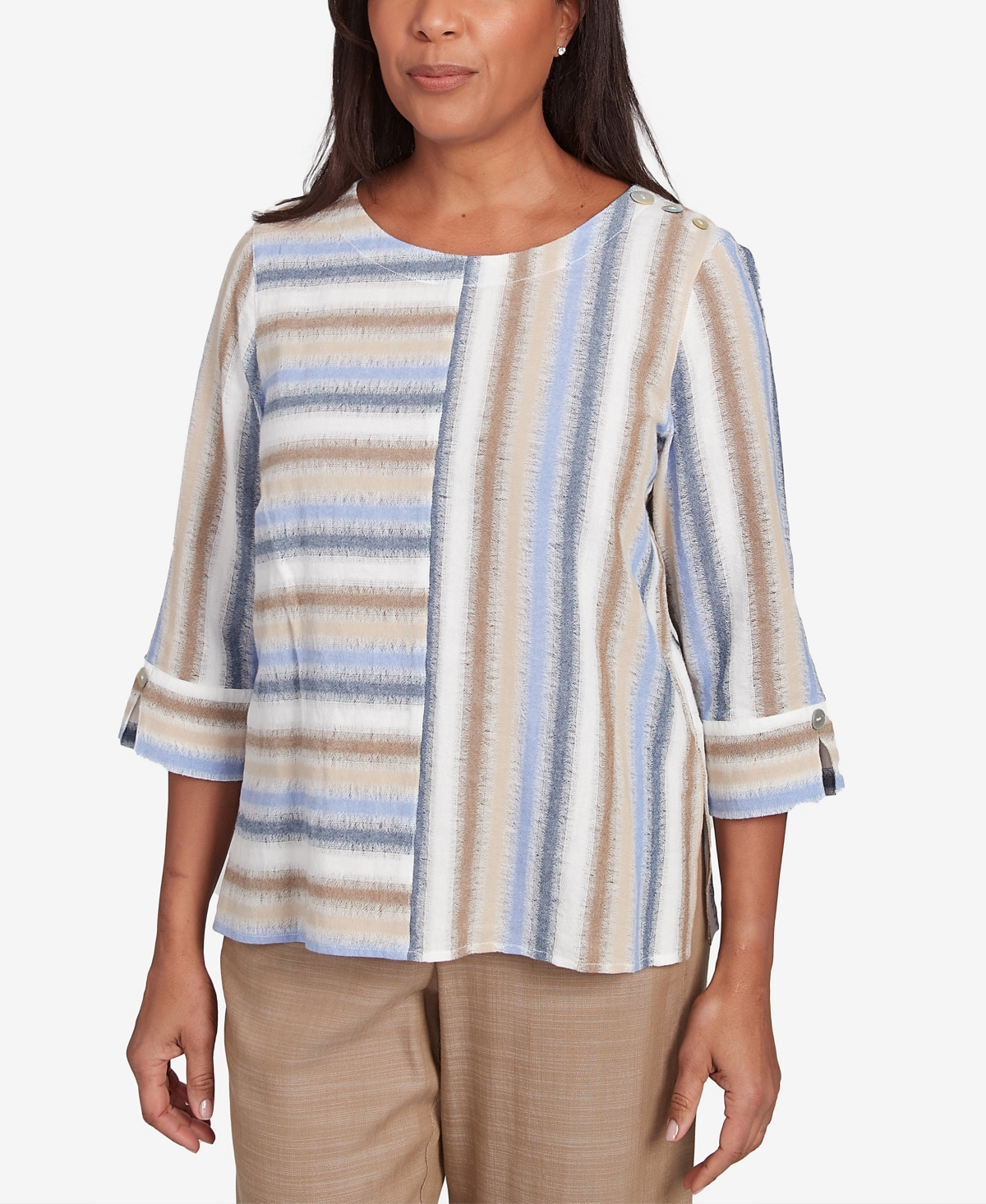 Alfred Dunner Plus Size Summer Solstice Spliced Stripe Button Shoulder Crew Neck Top In Neutral Multi