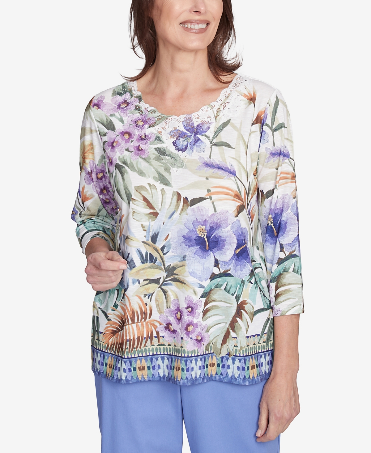 Alfred Dunner Plus Size Santa Fe Tropical Floral Border Top In Aloe Multi
