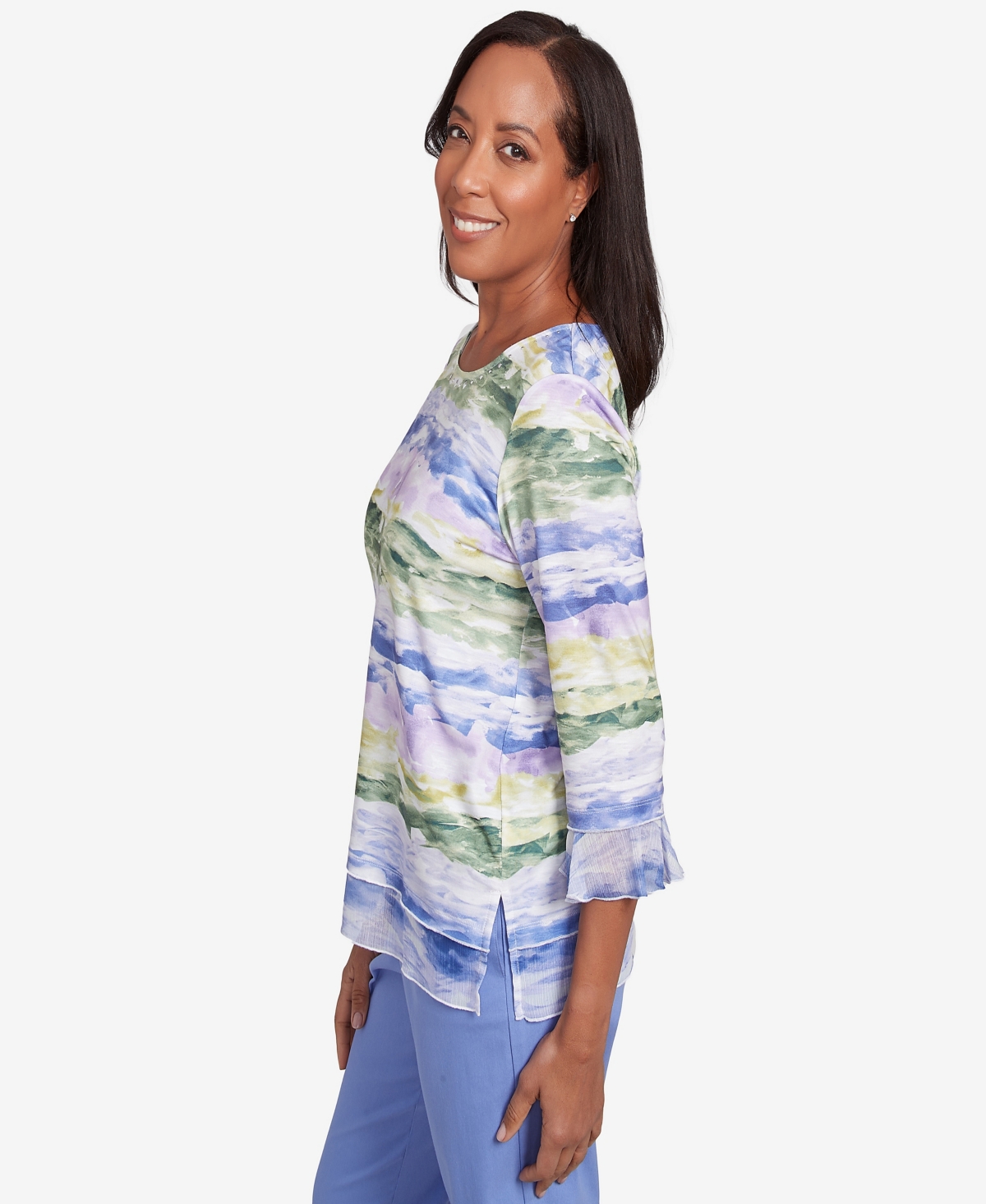 Alfred Dunner Plus Size Santa Fe Watercolor Biadere Striped Crew Neck Top In Iris Multi