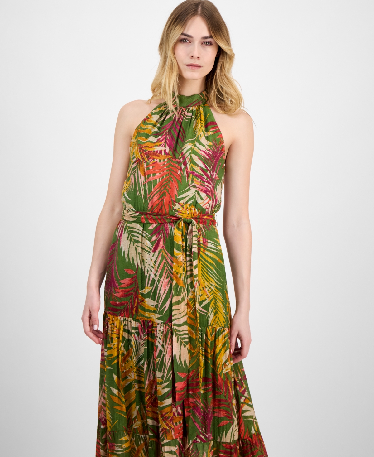 Anne Klein Patio Leaf Print Halter Neck Tiered Midi Dress