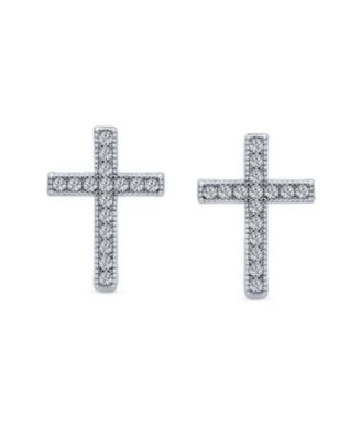 Traditional Religious CZ Stud Earrings, Micro Pave Cross, Sterling Silver Cubic Zirconia