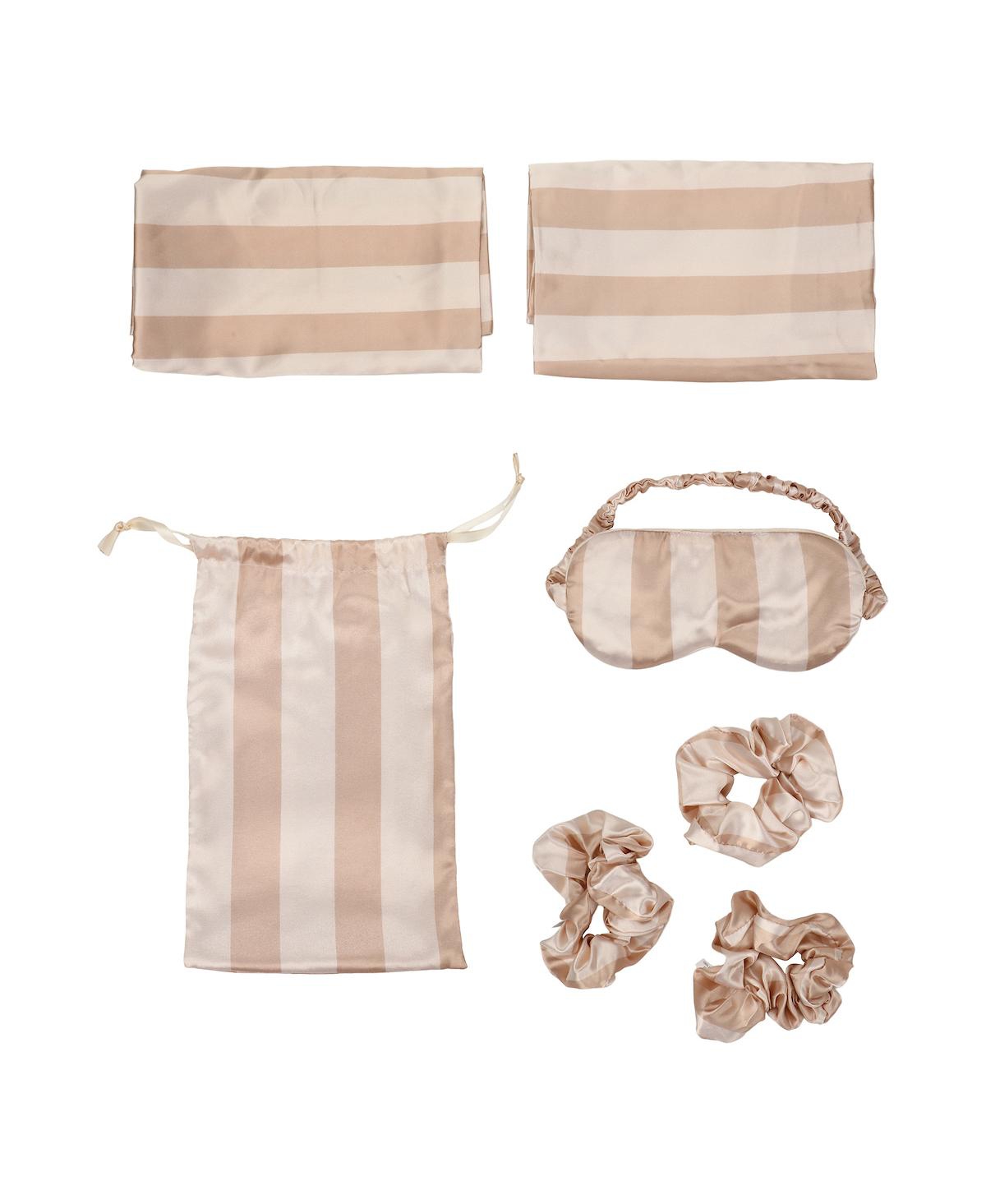 Striped Print 6-Pack Pillowcase, Eye Mask, & Scrunchies Set-King - Brown