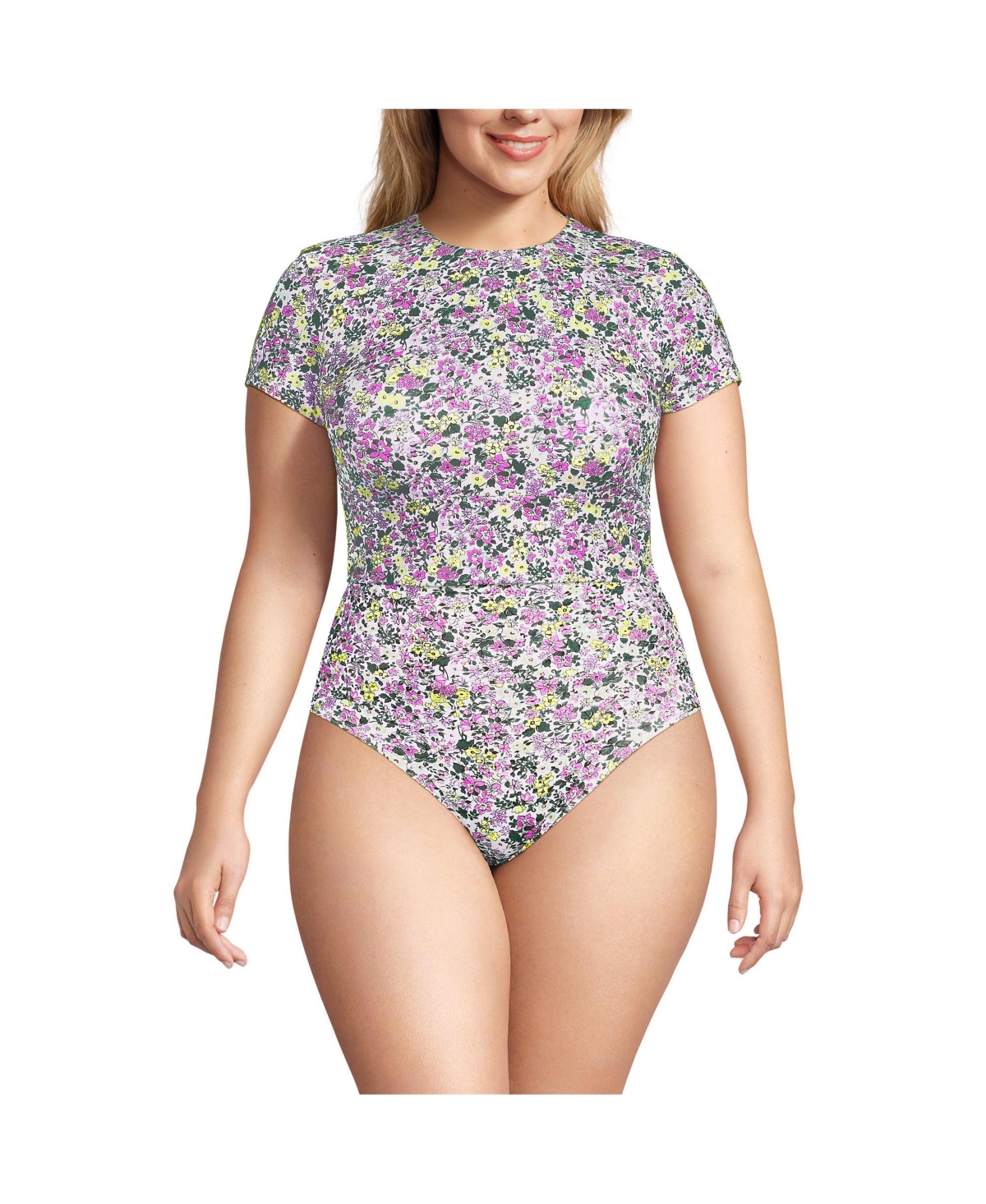 Plus Size Tugless Cap Sleeve Midkini Top - White multi ditsy floral