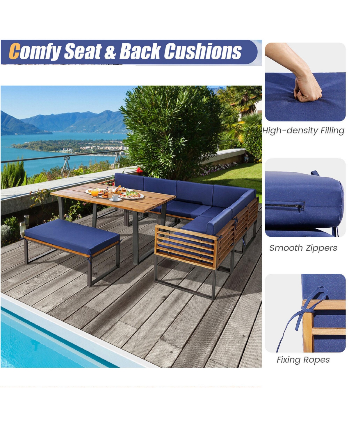 Gymax 8PCS Patio Dining Set Acacia Wood L Shaped Sectional Sofa Set w/ Navy Cushions