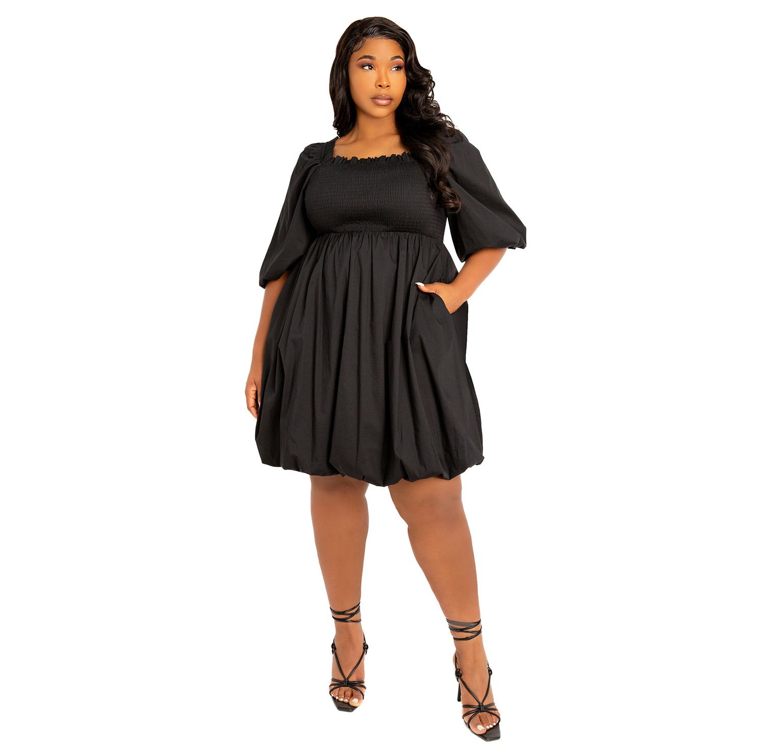Plus Size Smocked Puff Sleeve Bubbled Dress