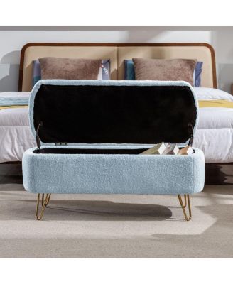 Modern Faux Fur Upholstered Storage Ottoman Bench with Metal Legs, Padded Seat for Entryway, Bedroom, or Hallway