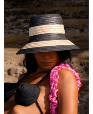 Nona Striped Bucket Palm Straw Hat In Black and Natural