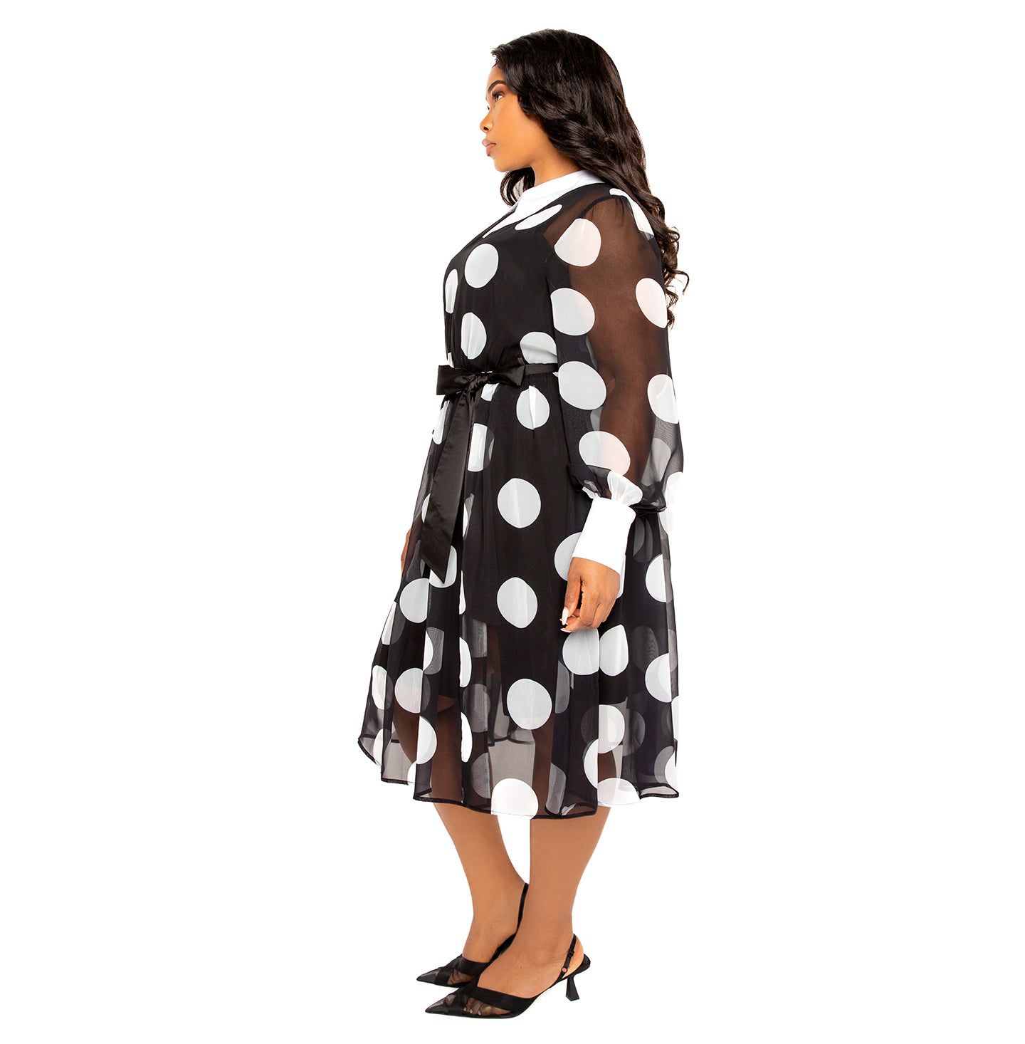 Женское платье Buxom Couture Plus Size Contrast Collar Polka Dot Shirt Dress, цвет: Чёрный — фото 3