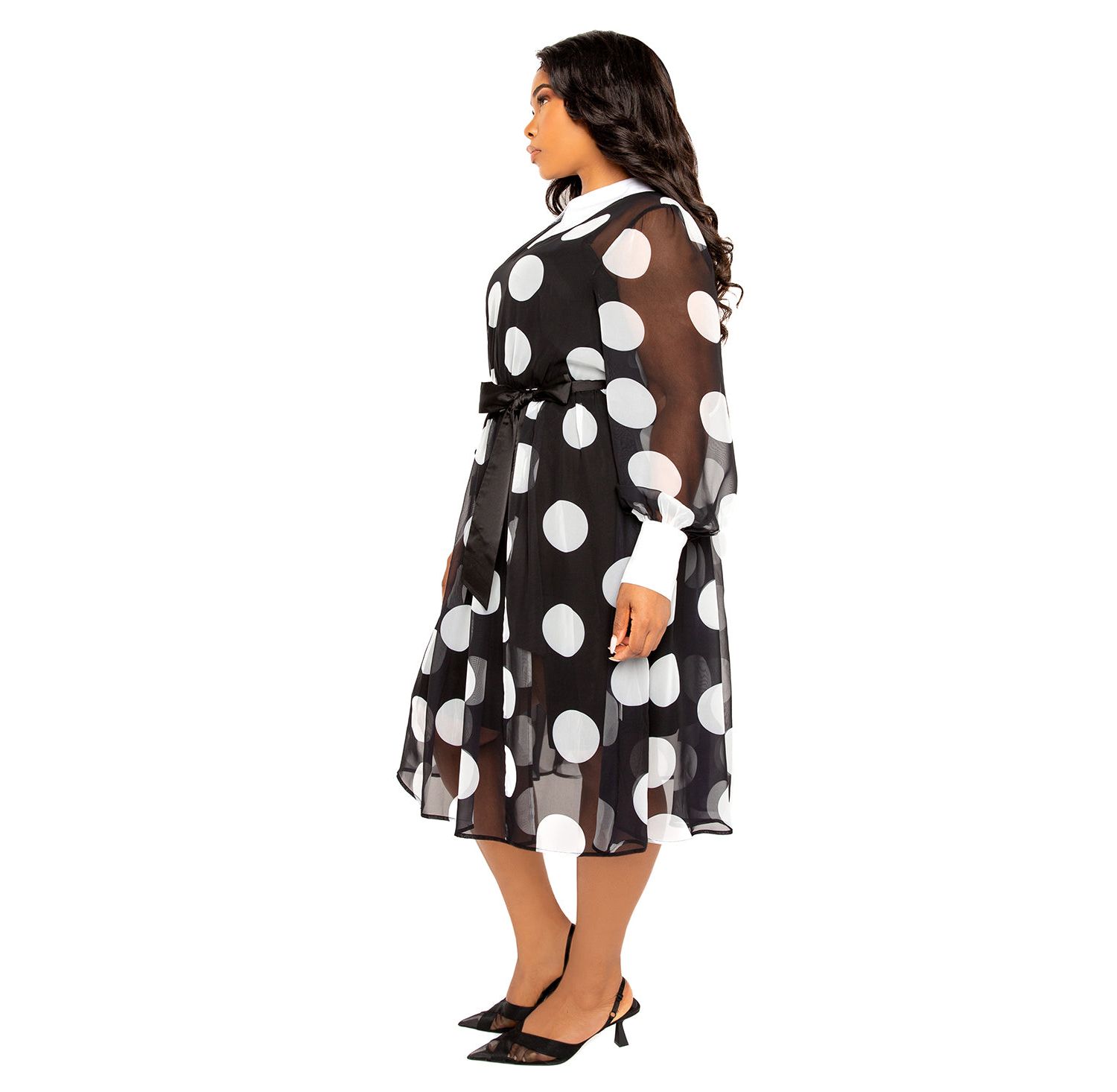 Plus Size Contrast Collar Polka Dot Shirt Dress
