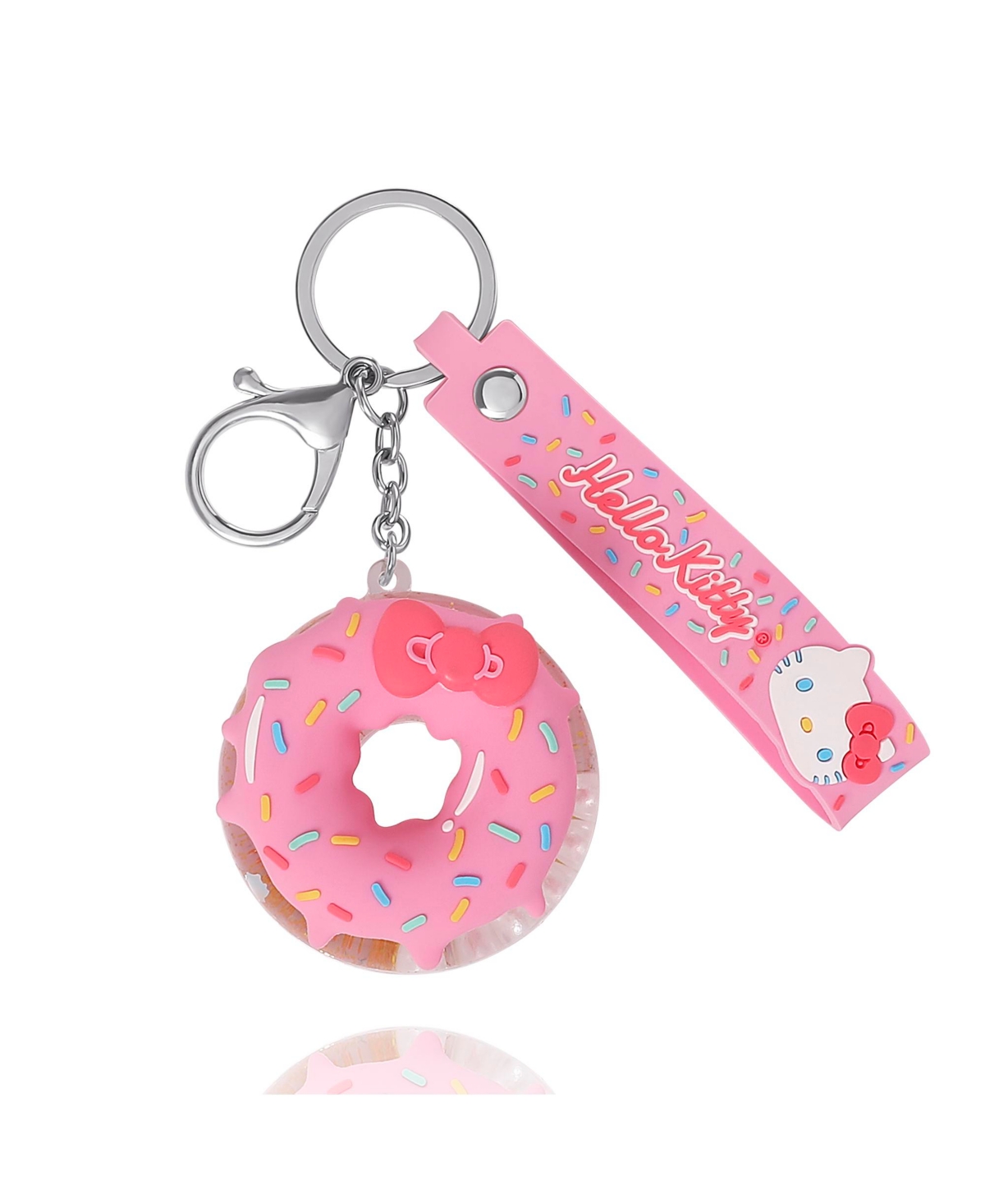 Hello Kitty Donut Keychain with Pink Strap and Sprinkles - Pink, white, multicolor, silver
