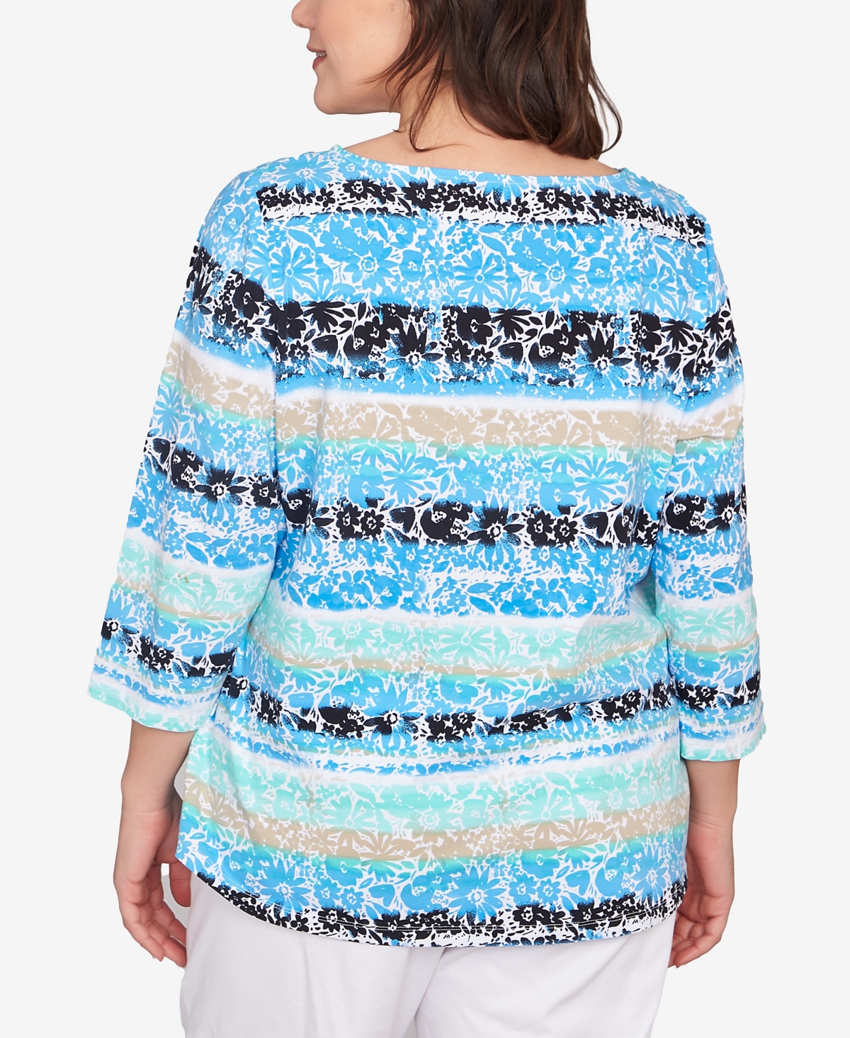 Ruby Rd. Plus Size Watercolor Floral Stripe Top In Lagoon Multi