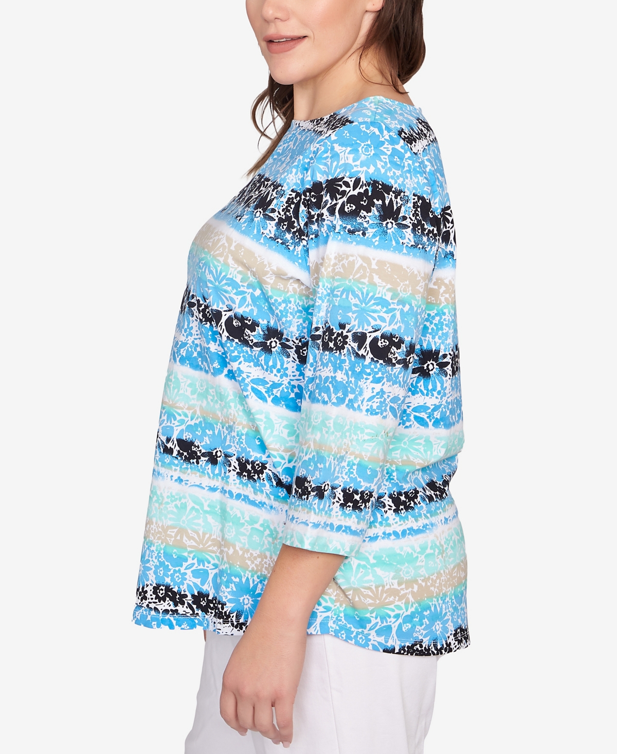 Ruby Rd. Plus Size Watercolor Floral Stripe Top In Lagoon Multi