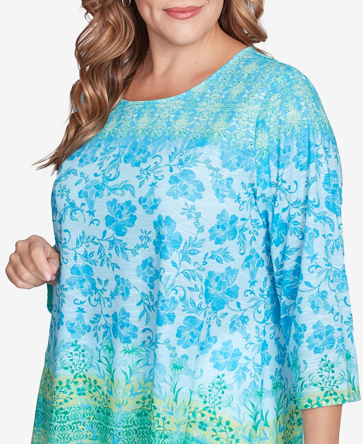 RUBY RD. PLUS SIZE FLORAL OMBRE BORDER SUBLIMATION KNIT TOP 
