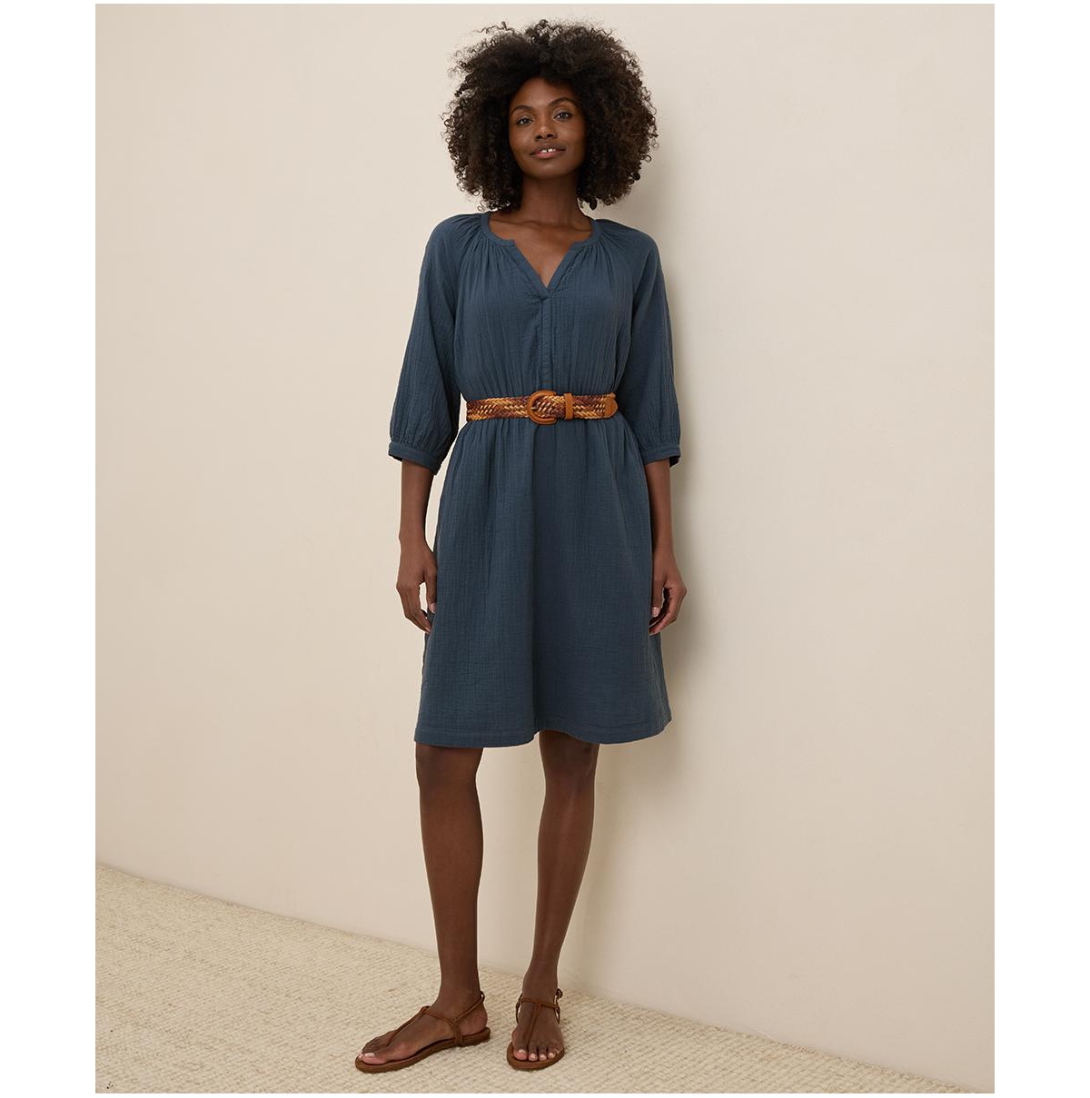 Women's Organic Cotton Coastal Double Gauze Peasant Dress - French navy