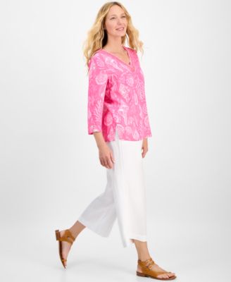売れ筋商品|||チャータークラブ カットソー トップス レディース Women's Printed 100% Linen Embellished Top, Exclusively at Macy's Confetti Pink Charter Club Women's Printed 100% Linen Embellished Top