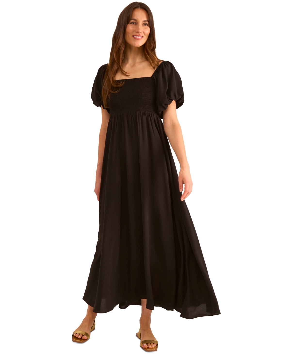 Vince Camuto Smocked Bodice Bubble Sleeve Maxi Dress In Black